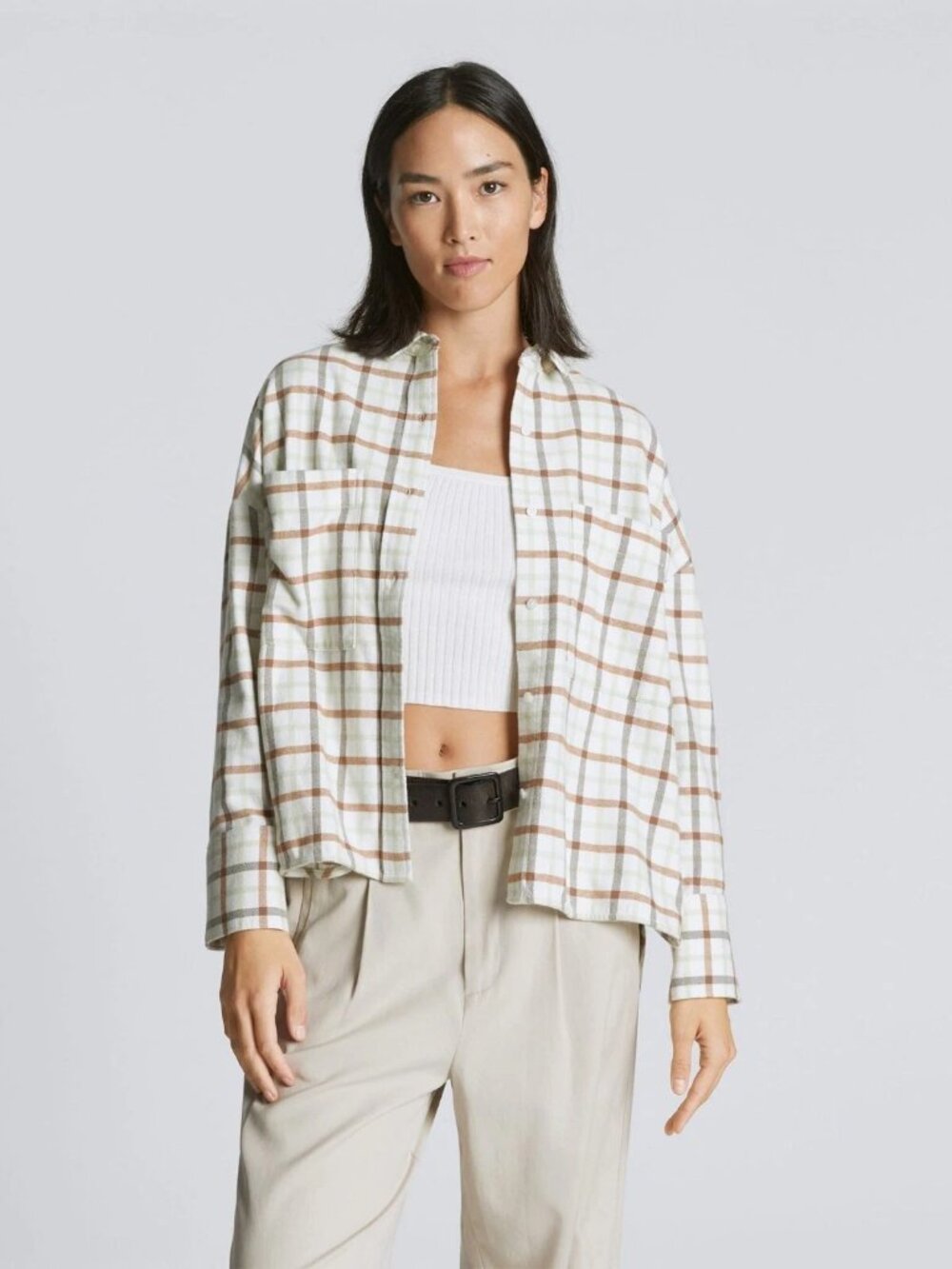 Everlane Boxy Flannel Button Down 100% Cotton Brown/Green Size S NWT